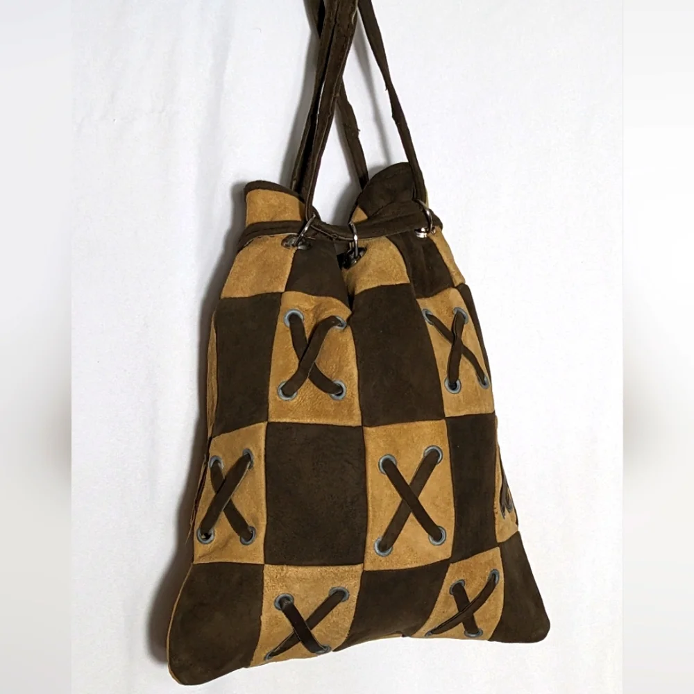Vintage 1960's  Boho tan &‎ brown patchwork suede purse, made in Spain
